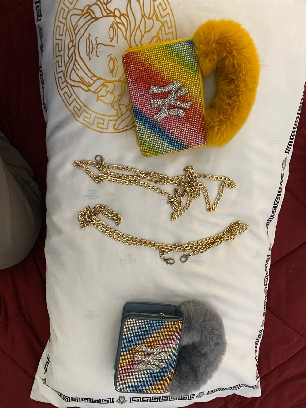 Rainbow Rhinestone Mini Clutch with Faux Fur Handle